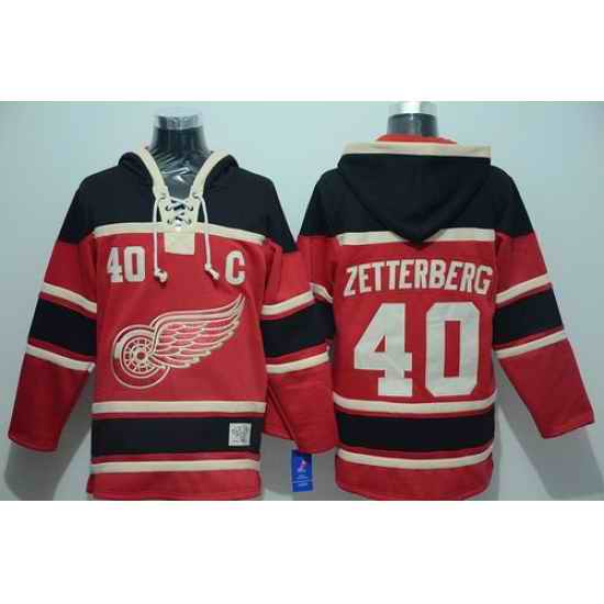 Men Detroit Red Wings 40 Henrik Zetterberg Red Sawyer Hooded Sweatshirt Stitched NHL Jersey